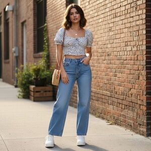 NWT L.A. Hearts PacSun Blue Floral Milkmaid Crop Top XS Puff Sleeve